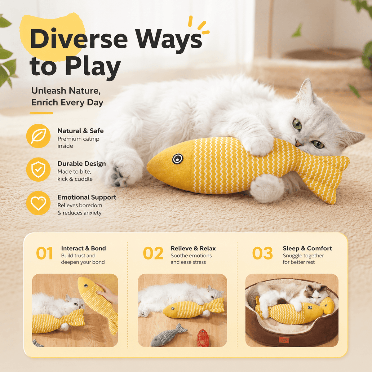 Cat lying with the yellow Noblias catnip fish toy, with panels for interacting, relaxing and sleeping alongside it.