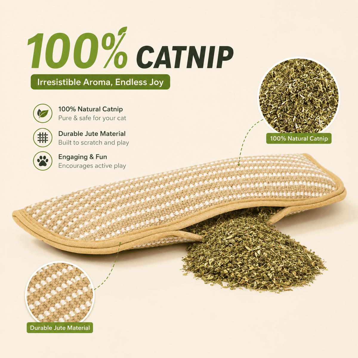 Noblias catnip sisal kicker pillow beside a pile of loose natural catnip, labeled 100 percent natural catnip with durable jute material
