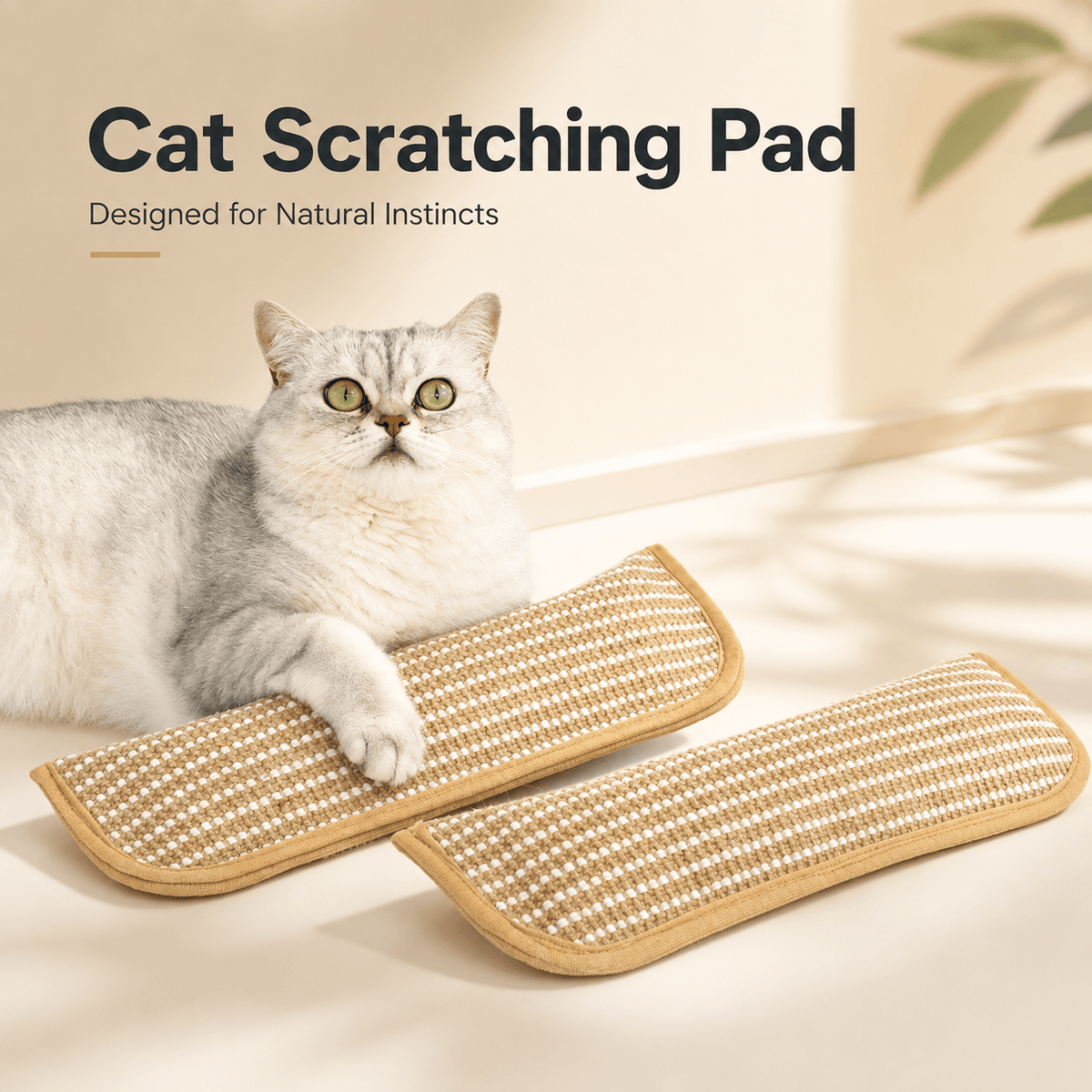 British Shorthair cat resting its paws on the Noblias sisal kicker pillow, shown as a cat scratching pad for natural instincts
