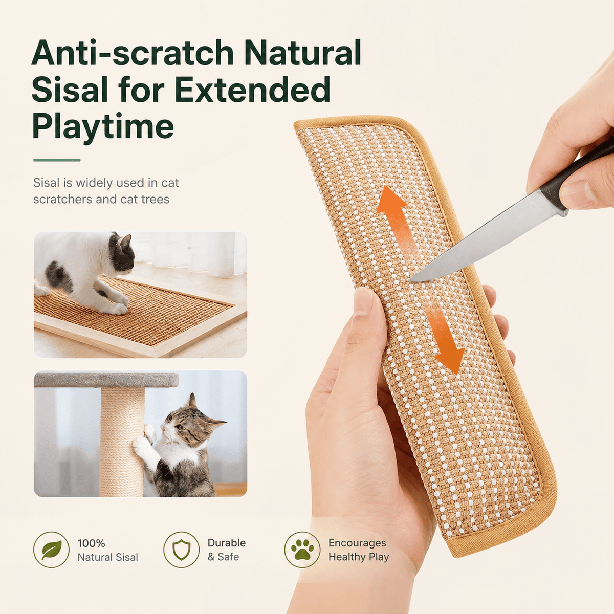Hand bending the Noblias catnip sisal kicker pillow to show the flexible woven sisal surface built for extended scratching