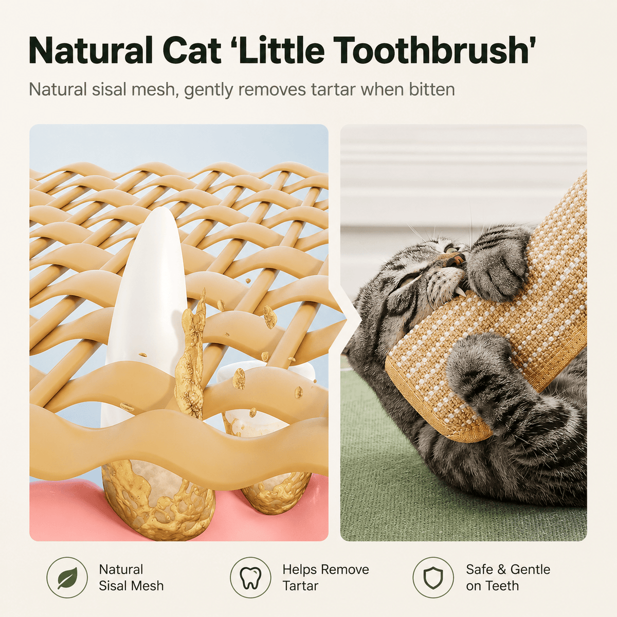 Close up of the natural sisal mesh on the Noblias kicker pillow with a cat biting it, labeled a natural little toothbrush that is gentle on teeth