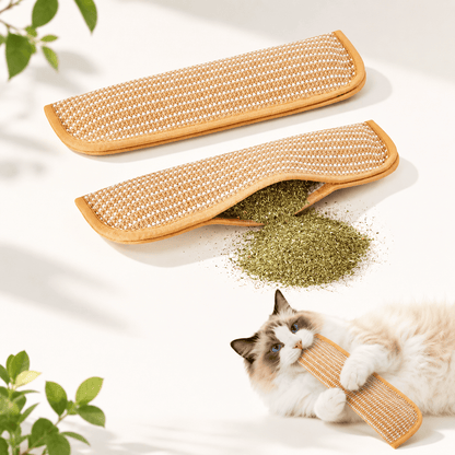 Two Noblias catnip sisal kicker pillows on a wooden floor with loose catnip and a ragdoll cat resting behind them