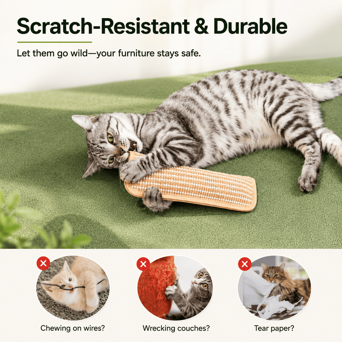 Tabby cat wrestling the Noblias catnip sisal kicker pillow on grass, labeled scratch resistant and durable so furniture stays safe