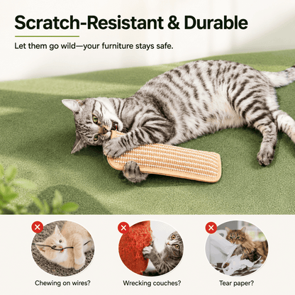 Tabby cat wrestling the Noblias catnip sisal kicker pillow on grass, labeled scratch resistant and durable so furniture stays safe