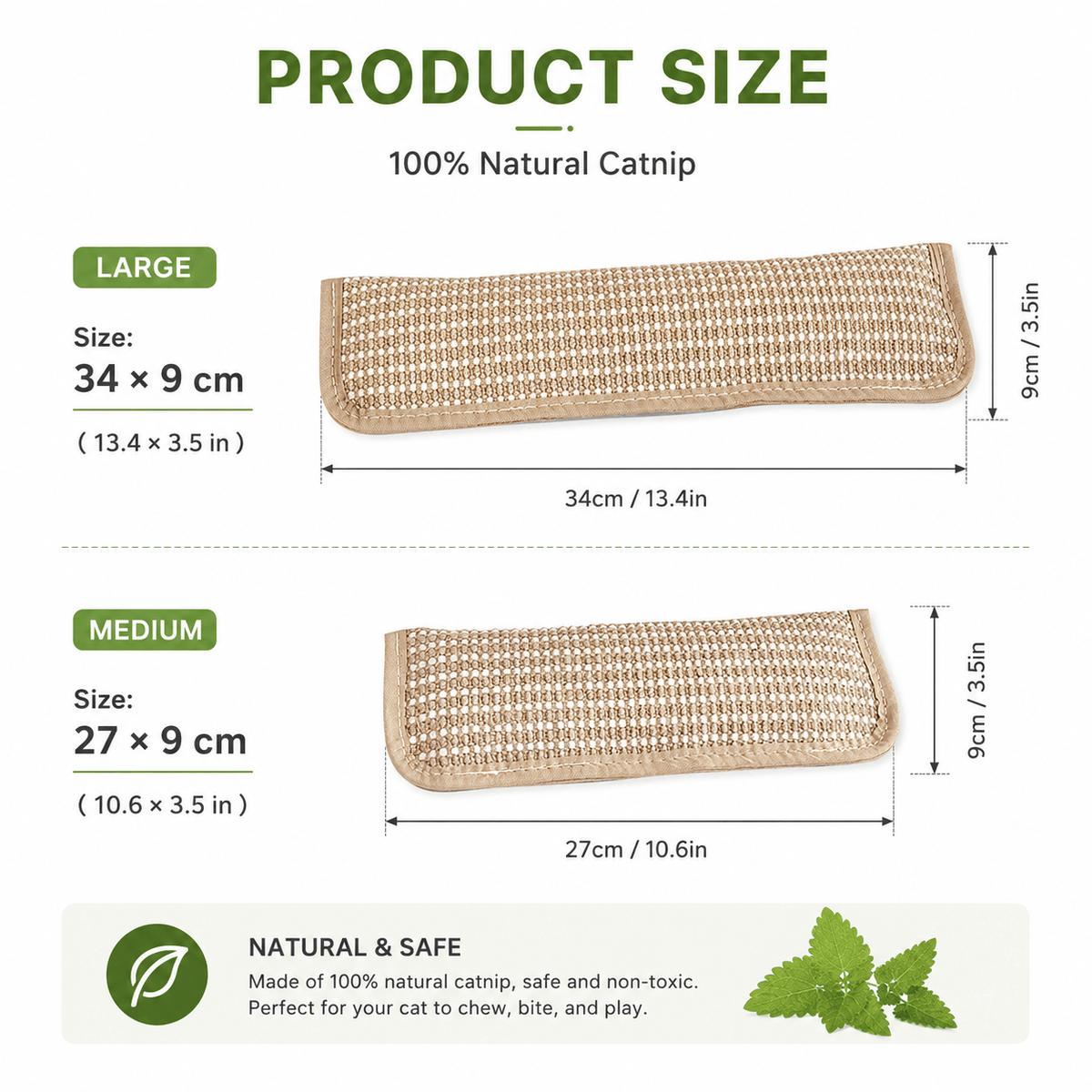 Size chart for the Noblias catnip sisal kicker pillow: Large 34 by 9 cm and Medium 27 by 9 cm, made of natural sisal and catnip