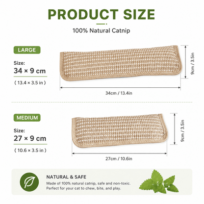 Size chart for the Noblias catnip sisal kicker pillow: Large 34 by 9 cm and Medium 27 by 9 cm, made of natural sisal and catnip