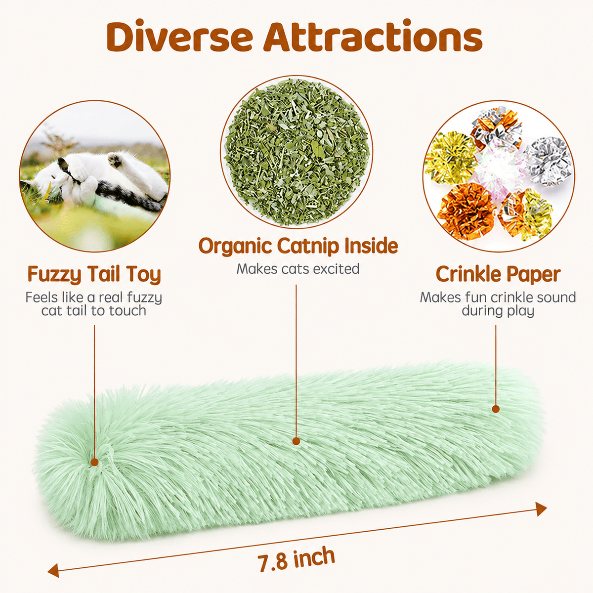 What is inside the Noblias catnip tail kicker toy: a fuzzy tail that feels like a real cat tail, organic catnip and crinkle paper.