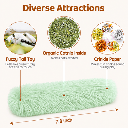What is inside the Noblias catnip tail kicker toy: a fuzzy tail that feels like a real cat tail, organic catnip and crinkle paper.