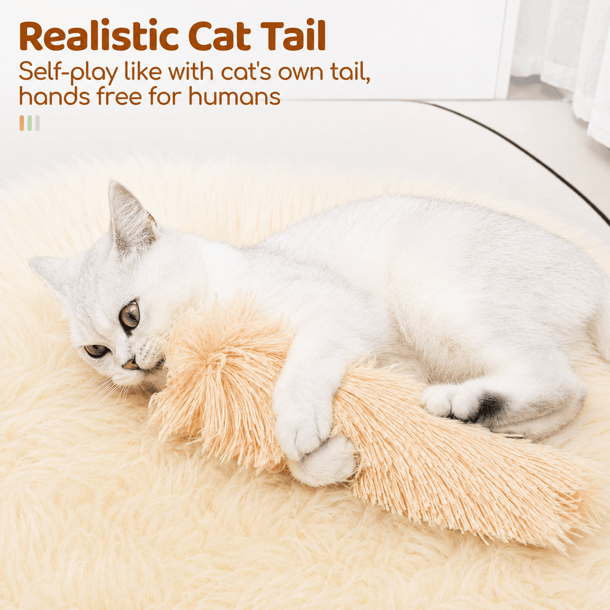 Cat playing on its own with the apricot Noblias tail kicker toy, which mimics the feel of its own tail.