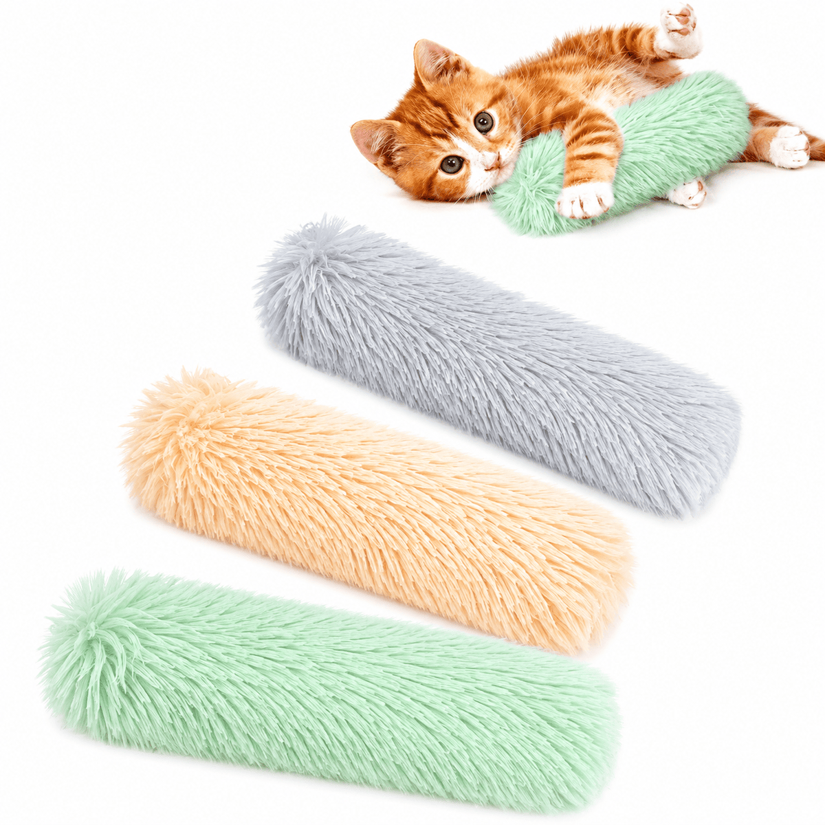 Three Noblias catnip tail kicker toys in gray, apricot and mint green, with a ginger kitten hugging one.