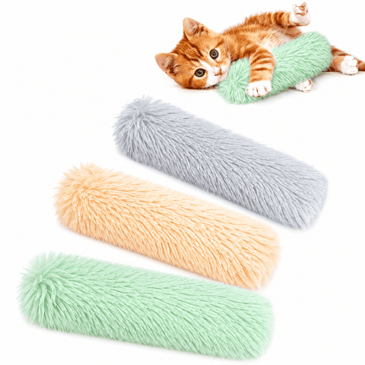 Three Noblias catnip tail kicker toys in gray, apricot and mint green, with a ginger kitten hugging one.