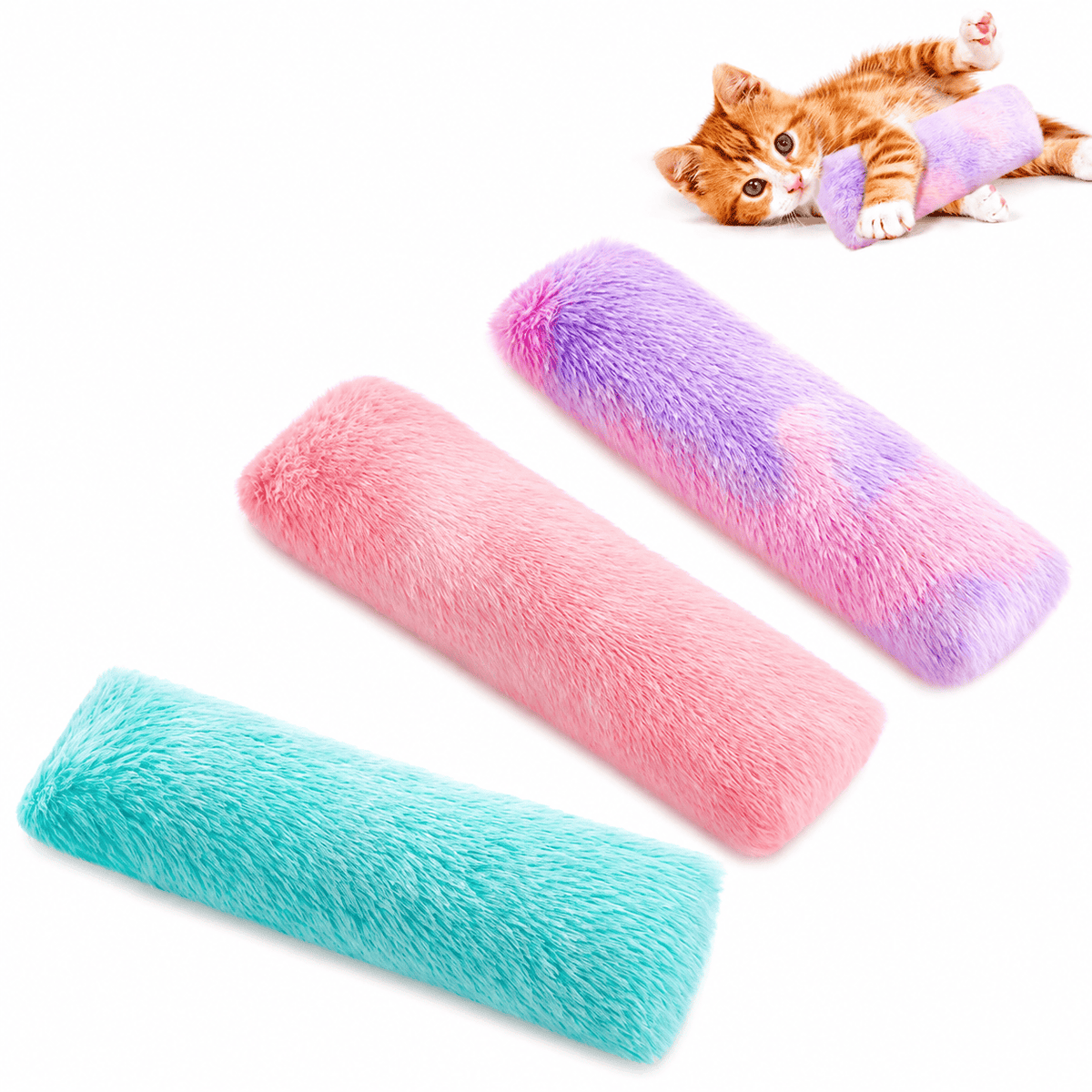 Three Noblias catnip tail kicker toys in the pastel set: pink, teal and purple long plush tails.