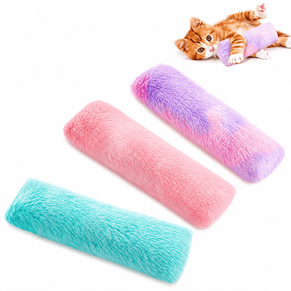 Three Noblias catnip tail kicker toys in the pastel set: pink, teal and purple long plush tails.