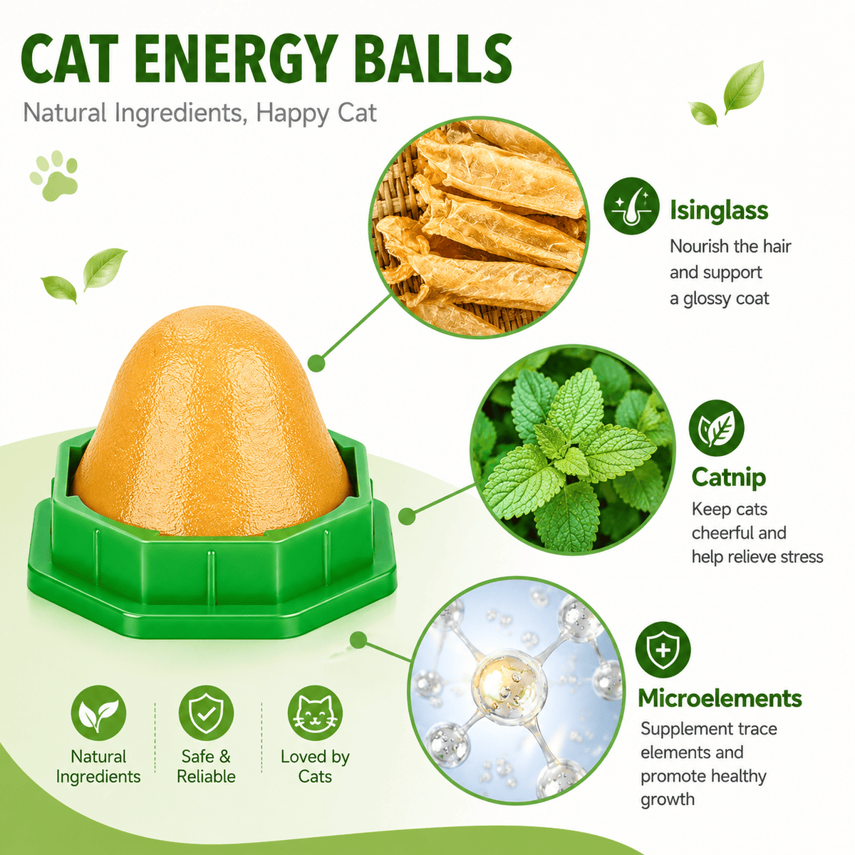 The Noblias cat energy ball on its green base, with the isinglass, catnip and trace elements it is made from.