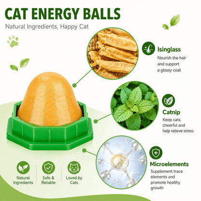 The Noblias cat energy ball on its green base, with the isinglass, catnip and trace elements it is made from.