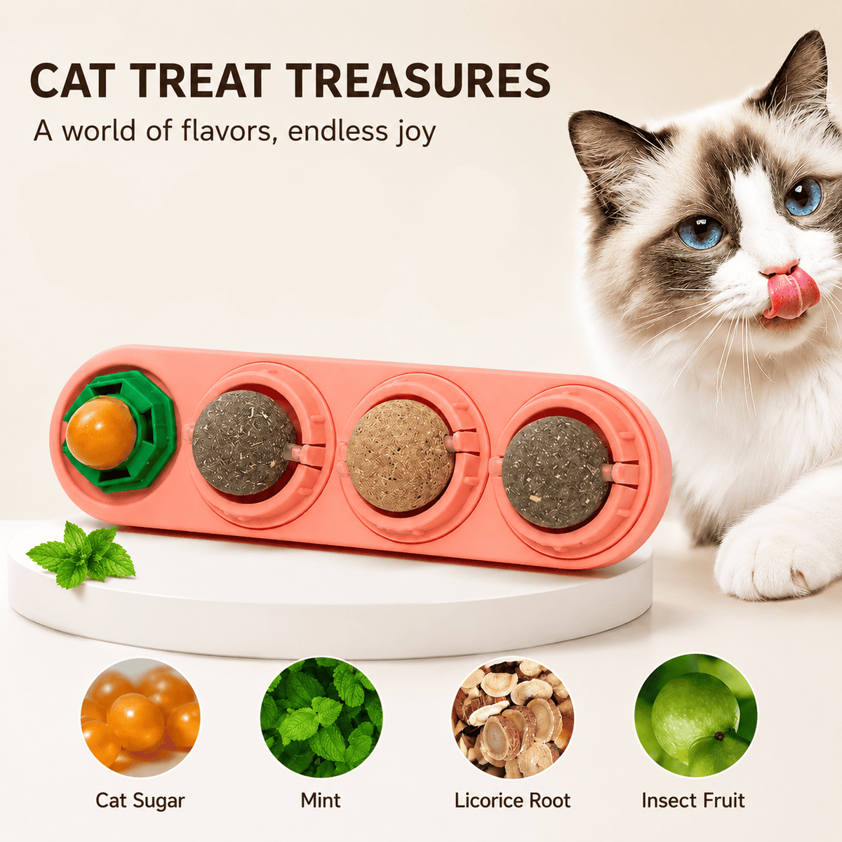 The Noblias catnip wall ball toy in coral with a ragdoll cat, showing the different treat balls that fit the rail.