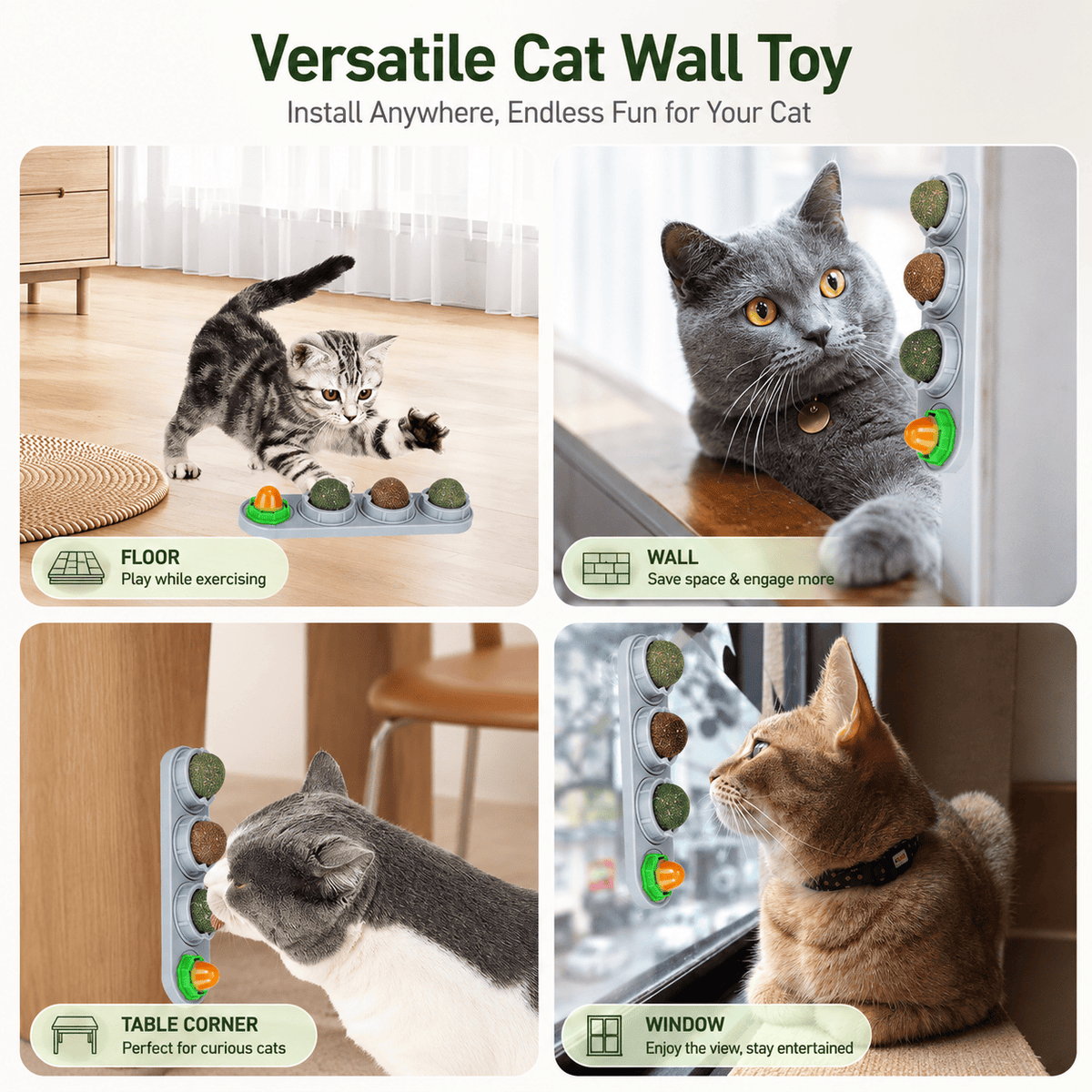 The Noblias catnip wall ball toy used four ways: flat on the floor, stuck to a wall, on a table corner and on a window.
