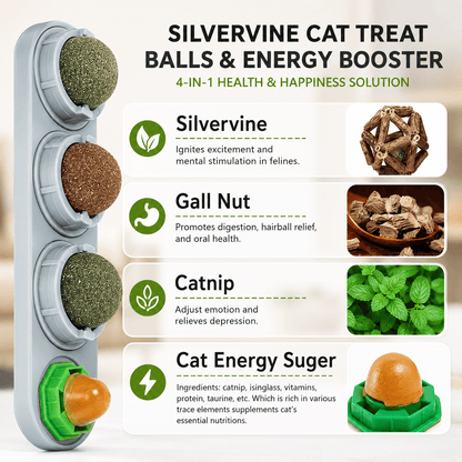 The four balls in the Noblias set: silvervine, gall nut, catnip and a cat energy sugar ball.