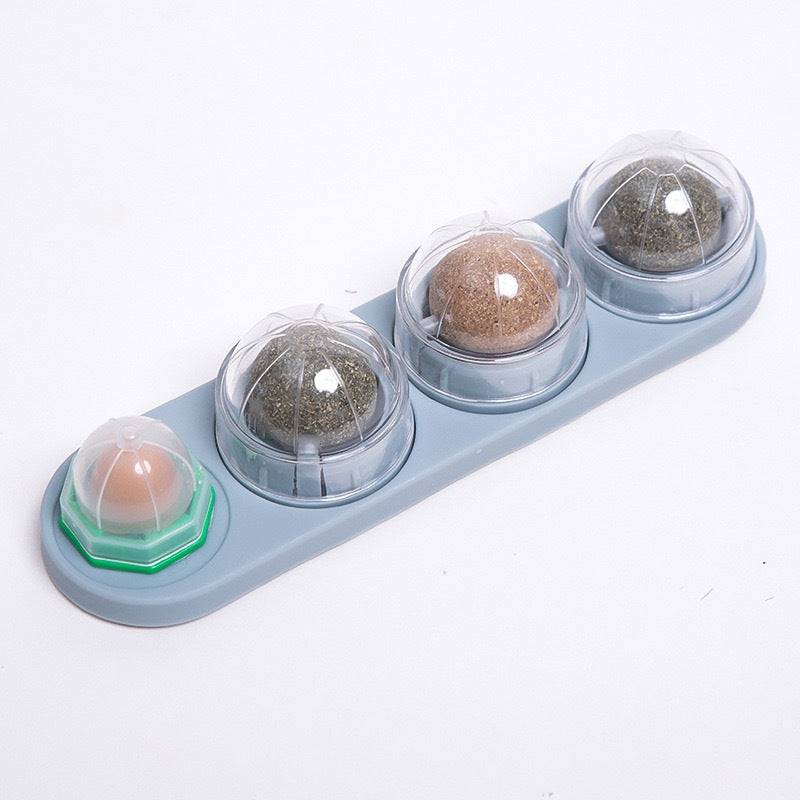 Gray Noblias catnip wall ball rail with its four rotating treat balls.