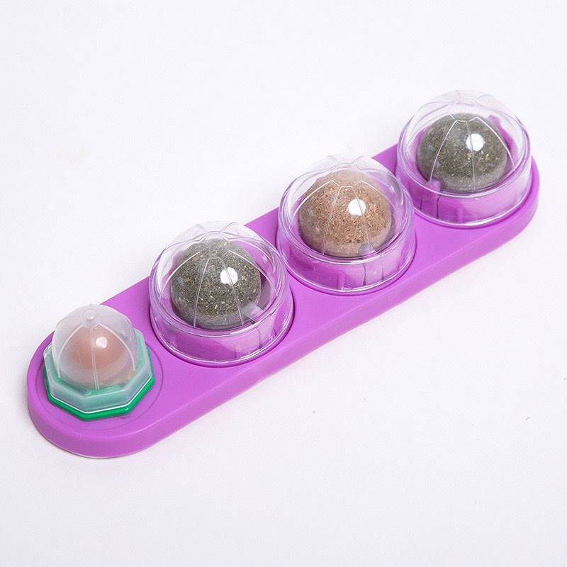 Magenta Noblias catnip wall ball rail with its four rotating treat balls.
