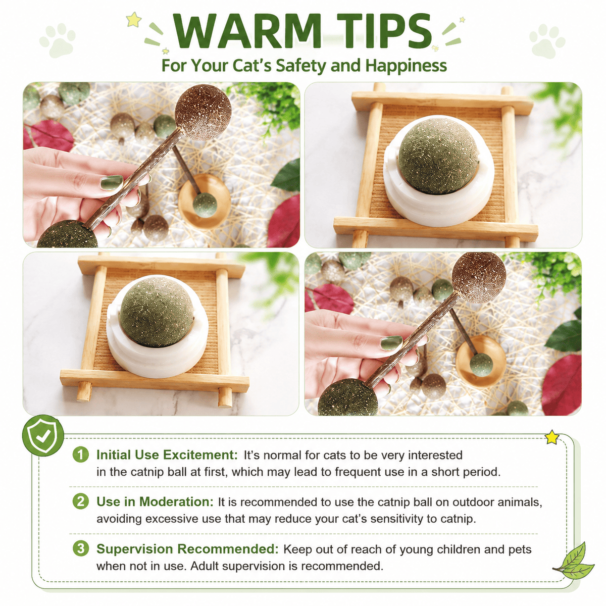 Safety notes for the Noblias catnip wall balls: heavy interest at first is normal, use in moderation, and supervise play.