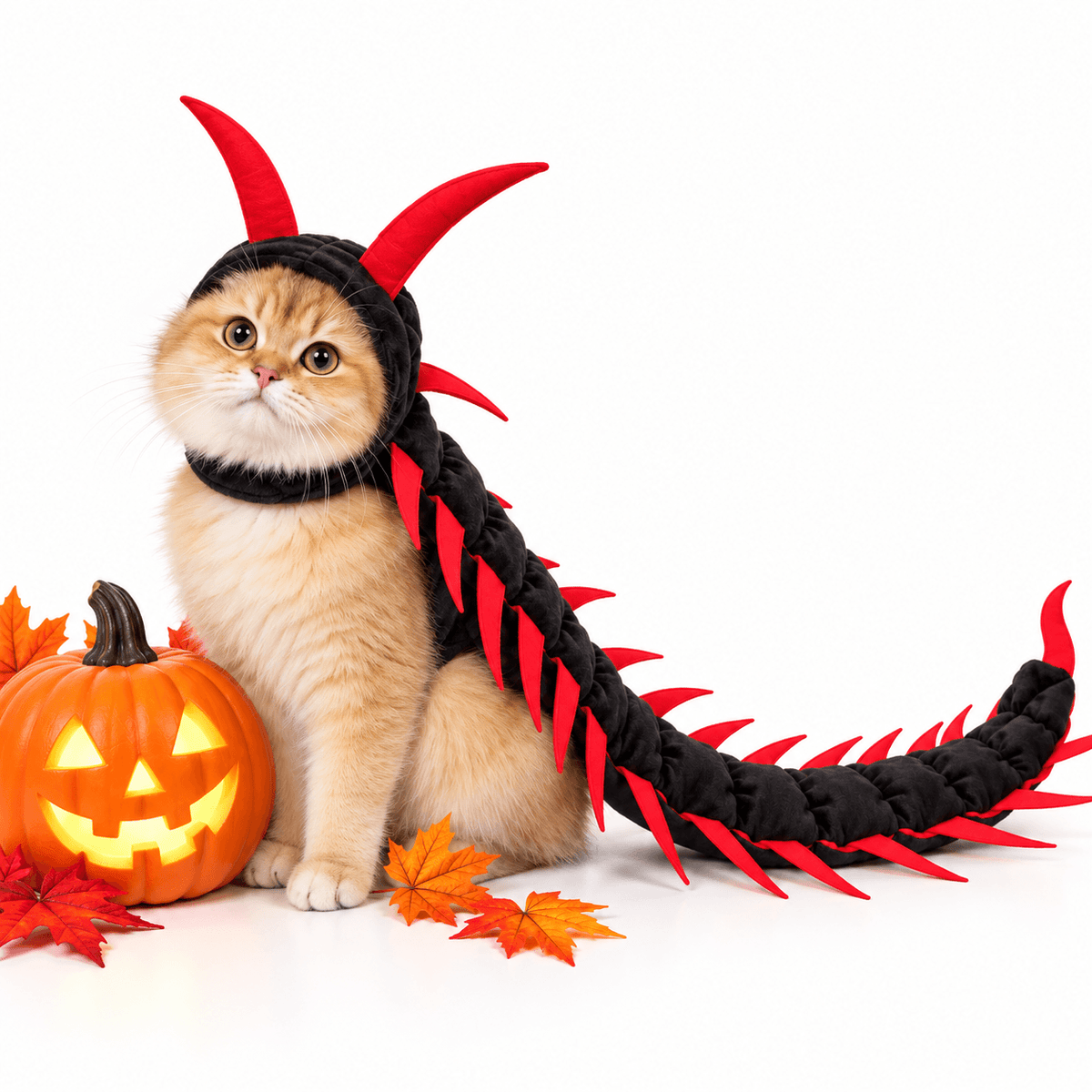 A ginger cat wears the black and red centipede costume sitting beside a carved pumpkin and fall leaves.