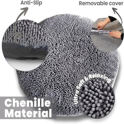 Chenille material panel showing the looped pile close up, the anti-slip base and the removable cover