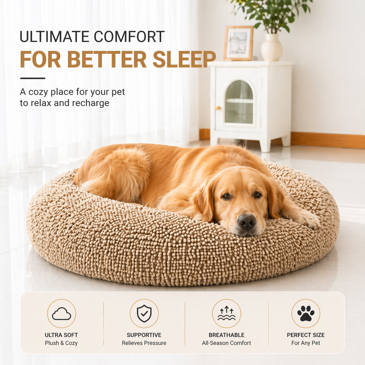 Golden Retriever stretched out in the khaki chenille donut bed beside a side table