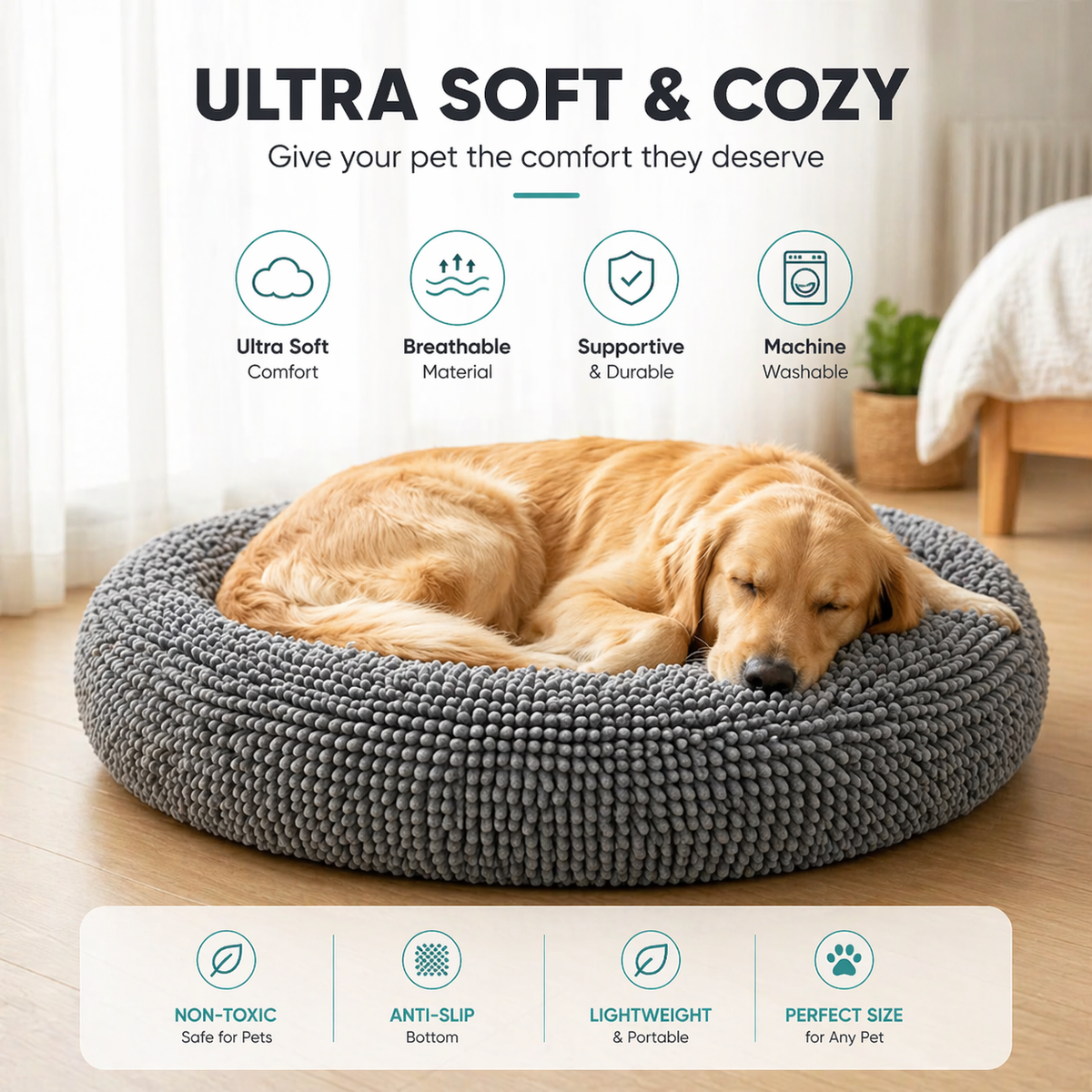Golden Retriever asleep in the gray chenille donut bed under an ultra soft and cozy feature panel