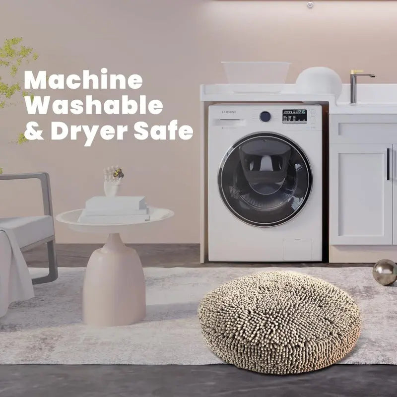 Machine washable and dryer safe panel showing the donut bed in front of a washing machine