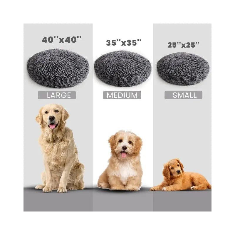 Donut dog bed size chart showing small at 25 inches, medium at 35 inches and large at 40 inches with dogs beside each