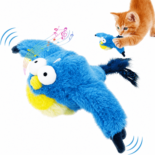 Blue bird plush cat toy with its wings spread and motion lines, and a ginger cat reaching for a second blue bird behind it