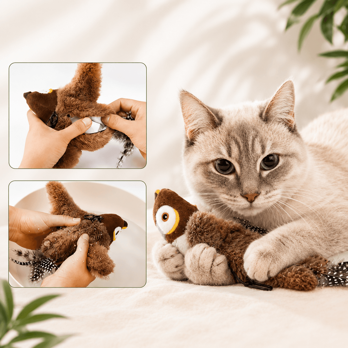 Cat holding the brown sparrow cat toy between its front paws and kicking it with the back legs on a bed