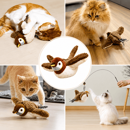 Collage of cats carrying, pouncing on and rabbit-kicking the brown sparrow chirping cat toy around the house