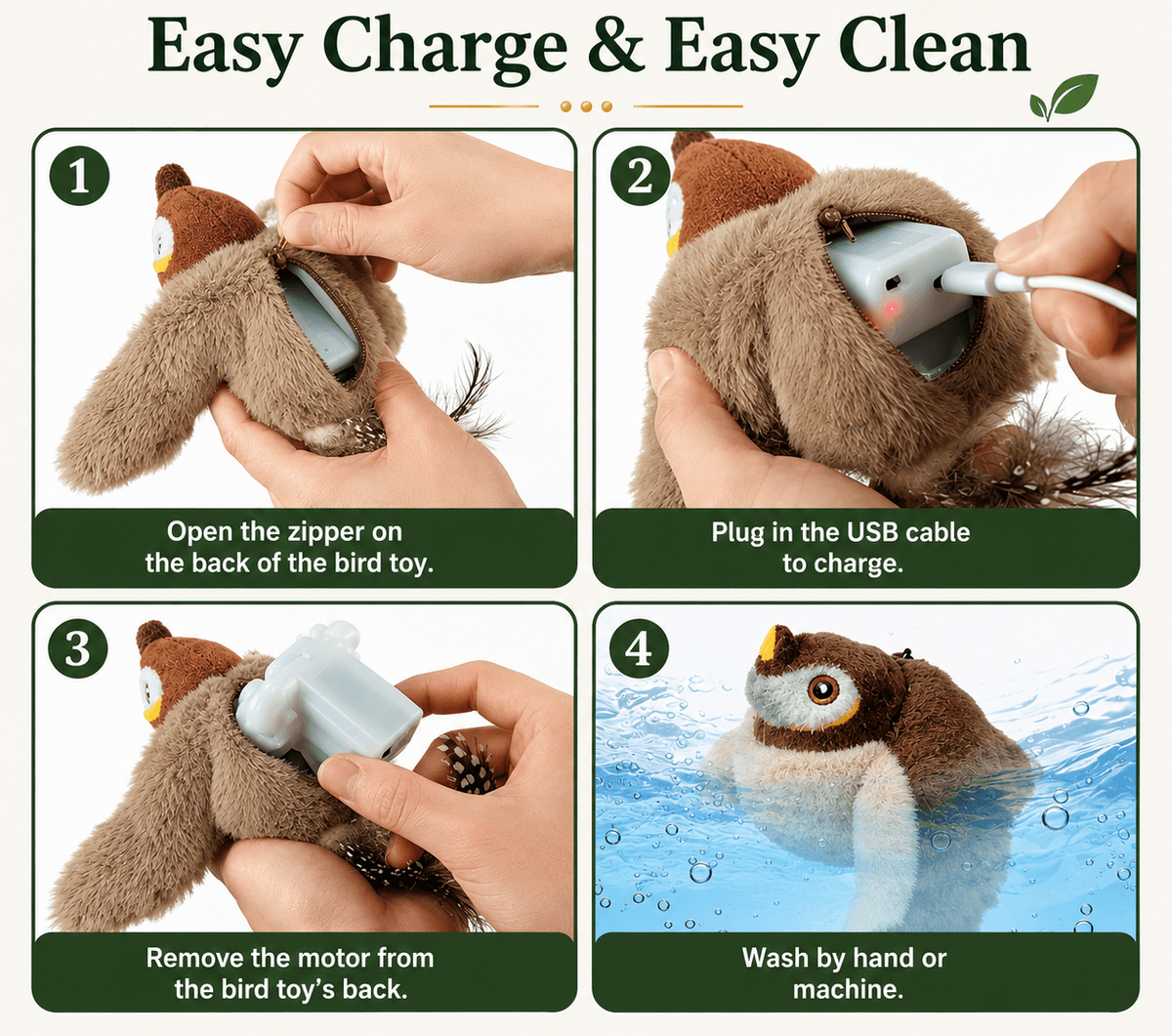 Four steps to charge and clean the chirping bird cat toy: open the back zipper, plug in the USB cable, remove the motor, wash the shell by hand or machine