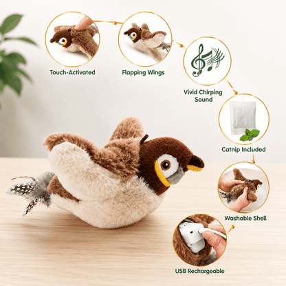 Feature panel for the chirping bird cat toy: touch activated, flapping wings, vivid chirping sound, catnip included, washable shell and USB rechargeable