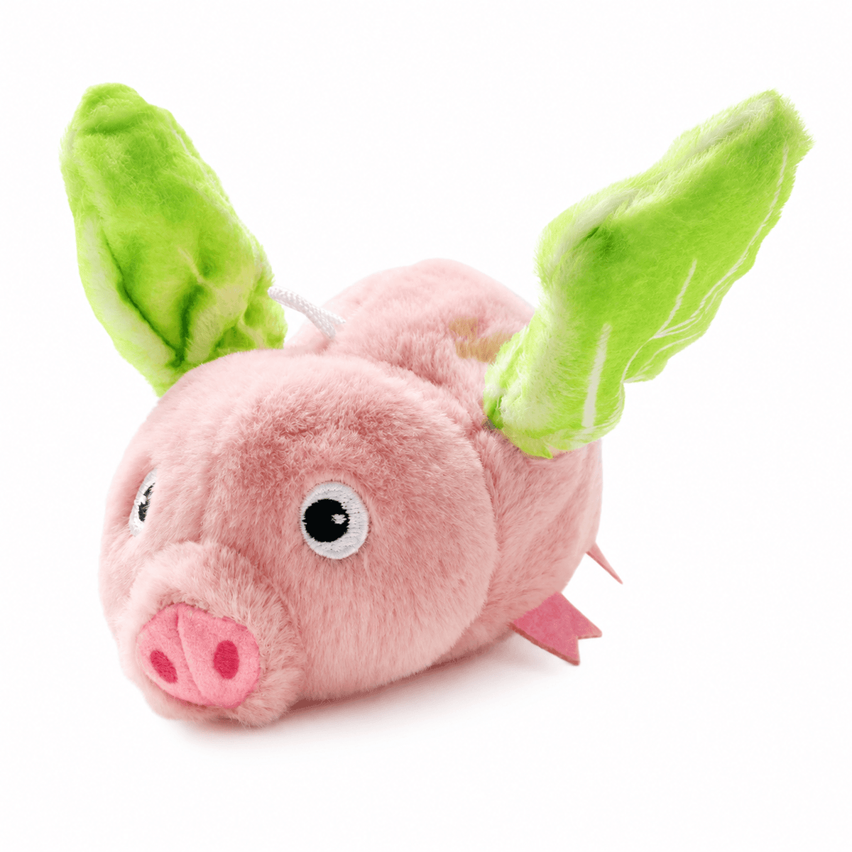 Flying Pig version of the Noblias chirping cat toy: a pink plush pig with bright green wings