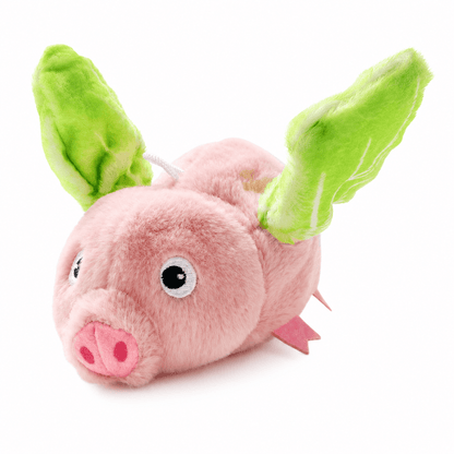 Flying Pig version of the Noblias chirping cat toy: a pink plush pig with bright green wings