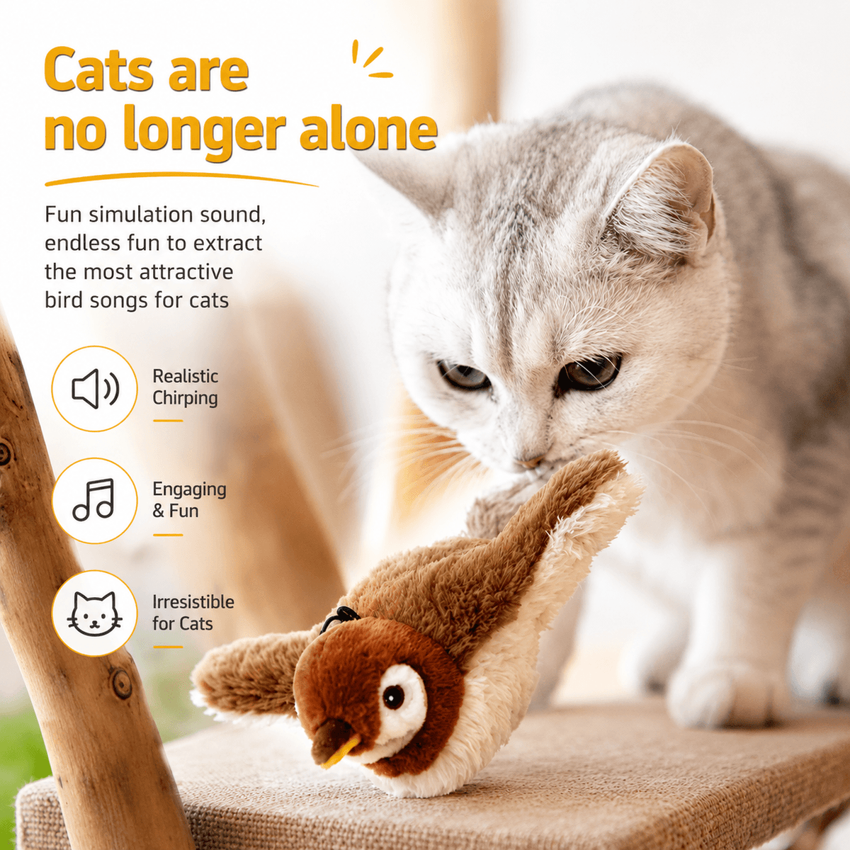 Silver tabby cat leaning down to investigate the brown sparrow chirping cat toy, with realistic chirping and engaging fun callouts