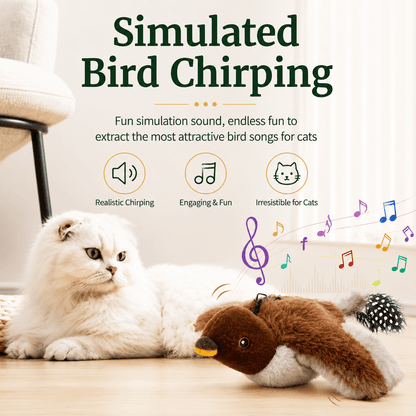 White Persian cat lying beside the brown sparrow chirping cat toy with music notes showing the simulated bird song