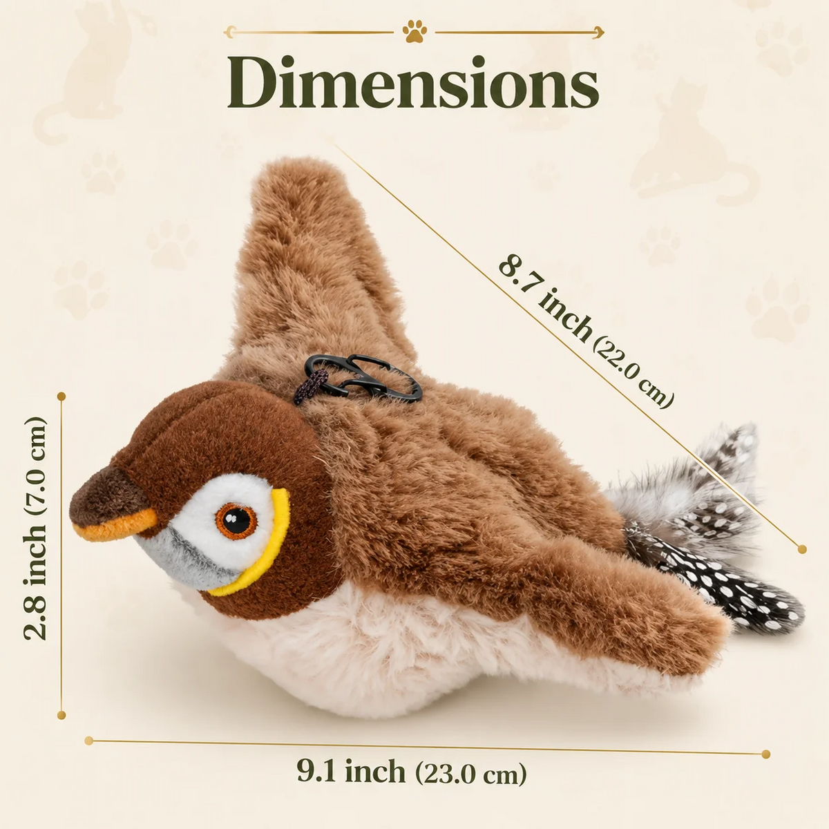 Size diagram of the chirping bird cat toy at 8.7 by 9.1 by 2.8 inches, or 22 by 23 by 7 centimeters