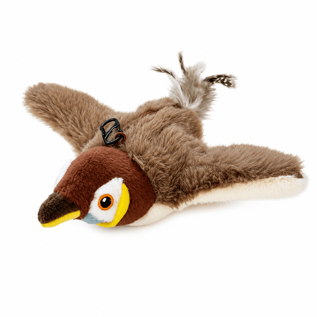 Sparrow version of the Noblias chirping bird cat toy in speckled brown plush with a real feather tail