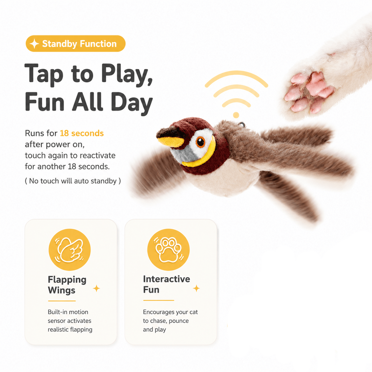 Tap to play standby panel: the sparrow toy runs 18 seconds after a touch, then rests in standby until the cat taps it again