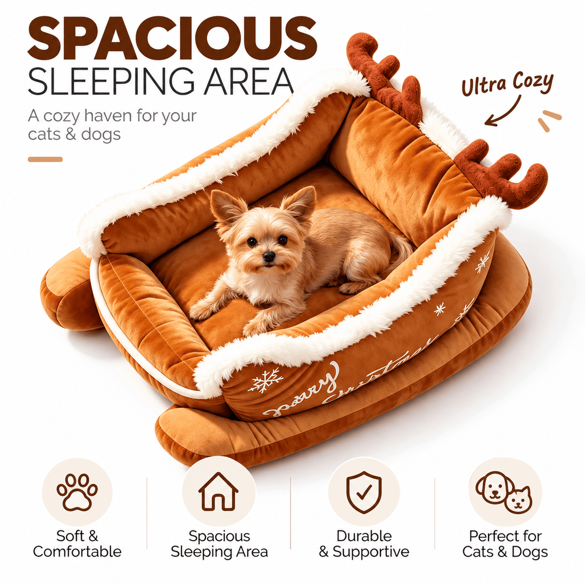 A small dog resting in the camel reindeer Christmas sleigh pet bed with antler accents and white trim.