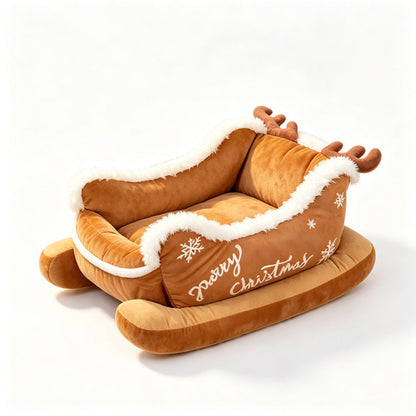 Camel reindeer Christmas sleigh pet bed with antlers and Merry Christmas embroidery on a white background.