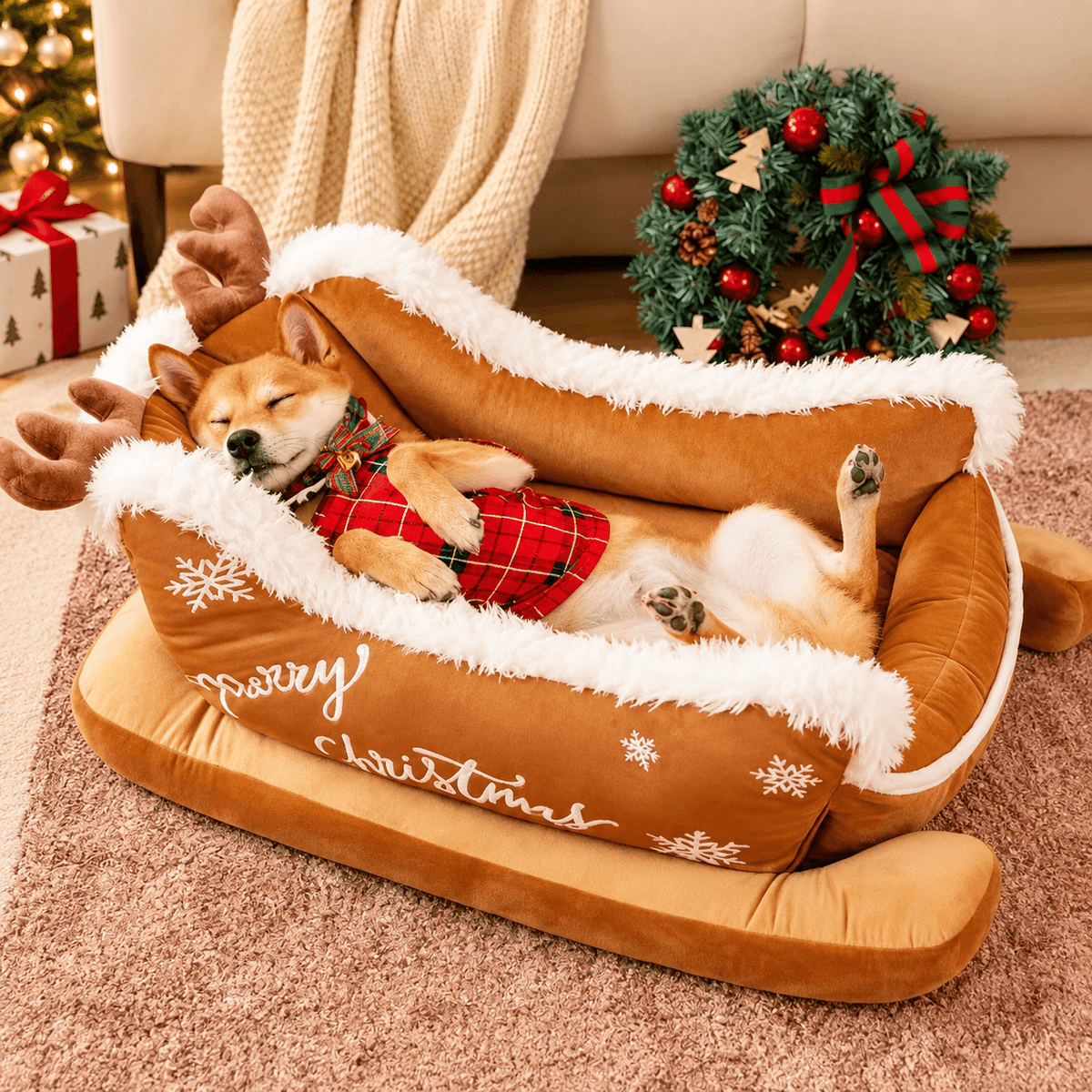A shiba inu in a Christmas sweater sleeping in the camel Christmas sleigh pet bed embroidered with Merry Christmas.