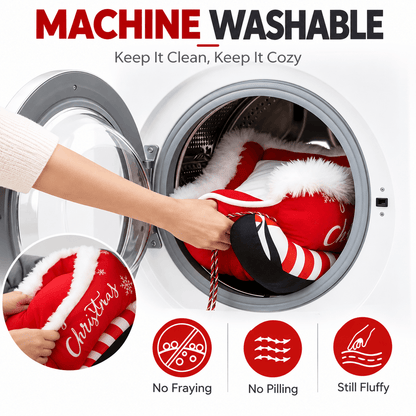 The red Christmas sleigh pet bed being placed into a washing machine, with icons for no fraying, no pilling and still fluffy.
