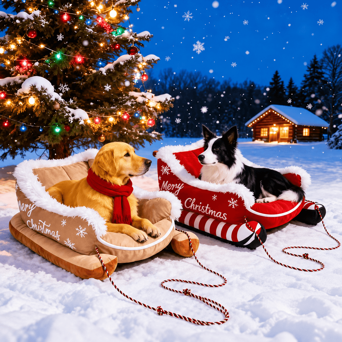 Red and camel Christmas sleigh pet beds in the snow with a golden retriever and a border collie resting in them.