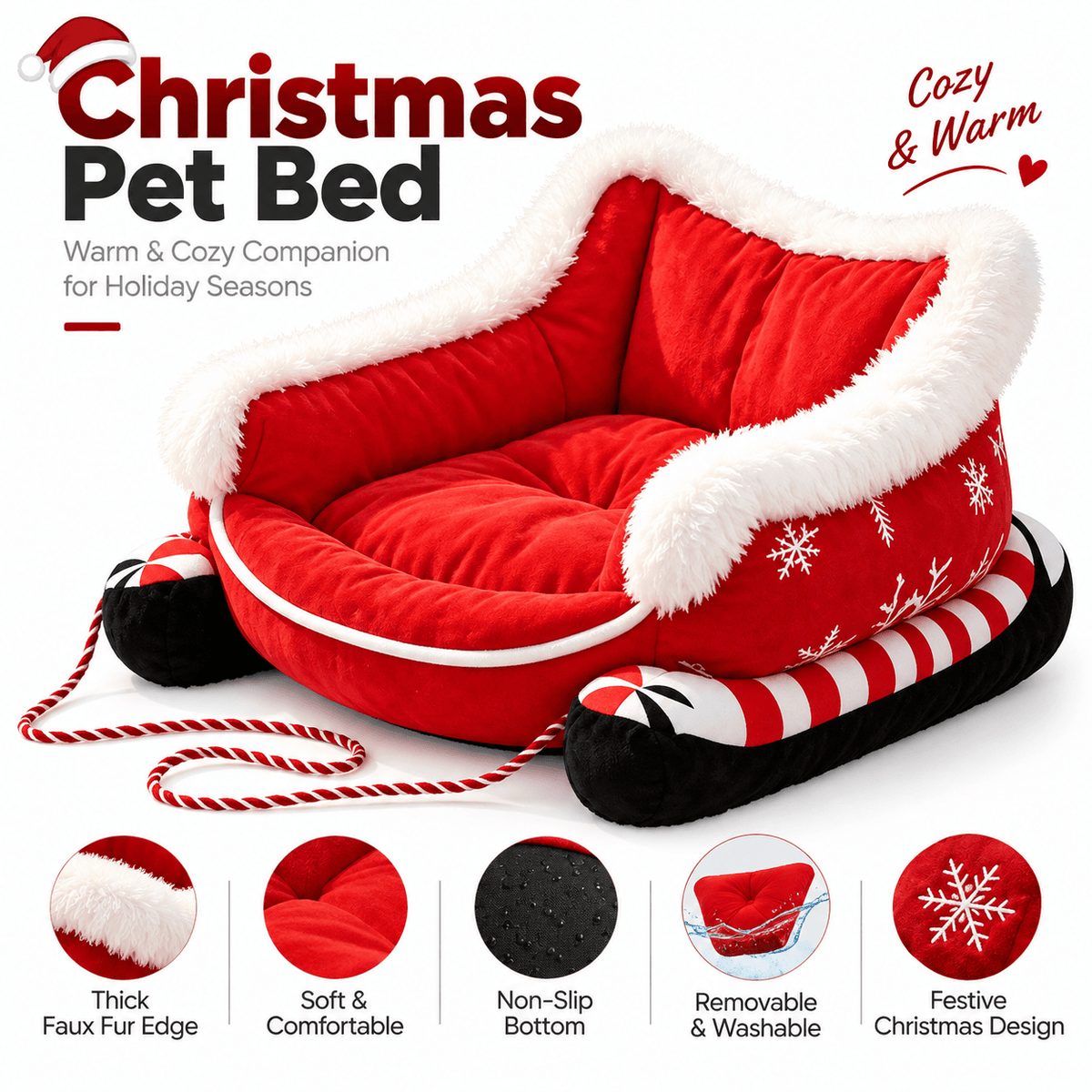 Red Christmas sleigh pet bed with fluffy white trim and candy-cane runners, with icons for its faux fur edge, non-slip bottom and removable cushion.