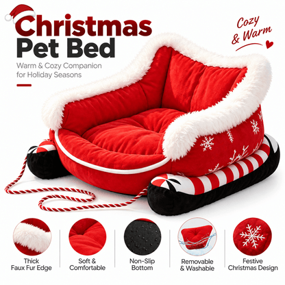 Red Christmas sleigh pet bed with fluffy white trim and candy-cane runners, with icons for its faux fur edge, non-slip bottom and removable cushion.